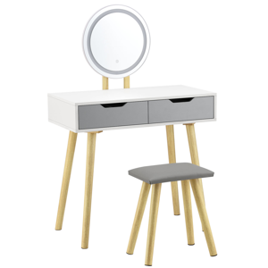 Eshopist Toaletný stolík Hailey biely / šedý s LED zrkadlom a taburetkou 